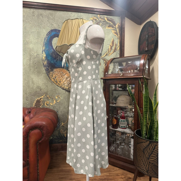 Capulet Sage Green Polka Dot Tie-Front Midi Dress Retro Minimalist Pockets Sz M - Picture 7 of 15
